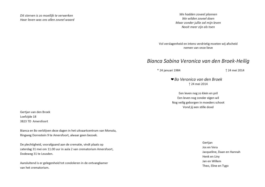 rouwkaart Bianca van den Broek